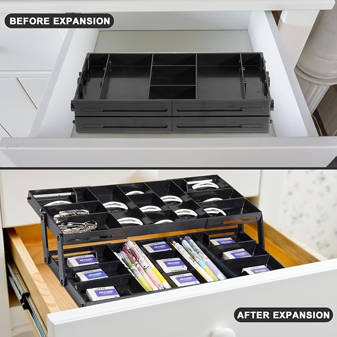 Aobiono Multi Level Smart Drawer Organizer, Multi Tier Expandable Storage Collapsible Foldable Trays for Jewelry, Cosmetics, Makeup, Tools, Battery (Black, Single Row - 2 Levels)