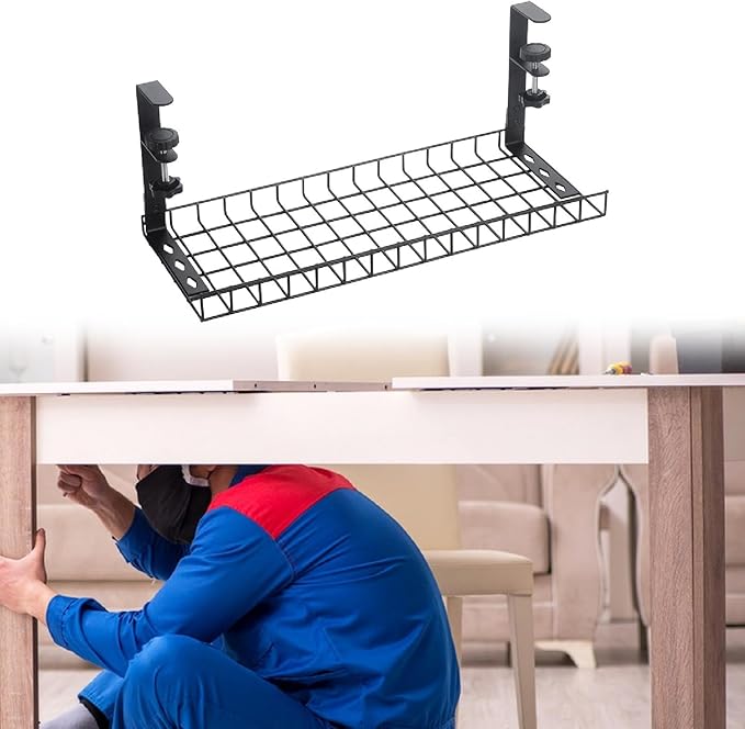 Under Desk Cable Management Tray, Adjustable Carbon Steel Cable Raceway, No Drill Installation, 13.78x7.28x7.68 inch, for Kitchen Office Home