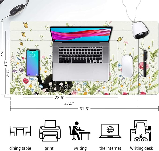 Cute Desk Mat, Floral Book Cat Large Mouse Pad for Desktop, PU Leather Waterproof Desk Pad, Anti-Slip Computer PC Laptop Protector Gaming Mouse Pads for Office Home Decorations (31.5" x 15.7")