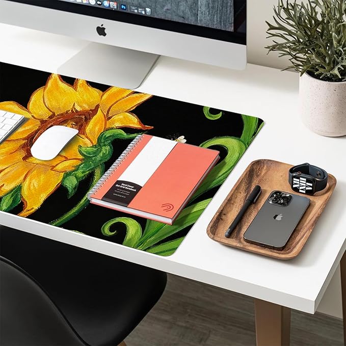 Oil Painting Flower Mouse Pad PU Leather Daisy Desk Mat Large Waterproof Gaming Pad Non-Slip Keyboard Mouse Pad Writing Pad for Gamer Office&Home