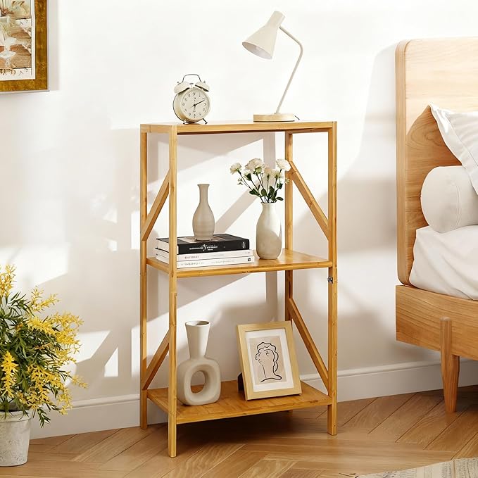 Bamboo Bookshelf, 3 Tier Rustic Style Bookcase, Multifunctional Narrow Shelving Unit Storage Rack for Living Room, Garage, Kitchen, Office, Bookroom, Bedroom, 42 x 30 x 80 cm (3 Tier)
