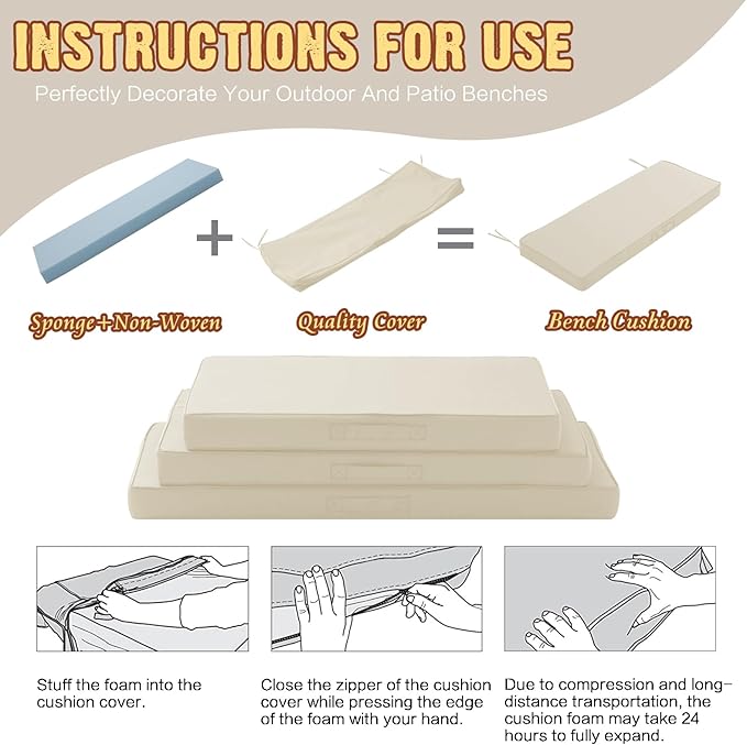Outdoor Bench Cushion Waterproof with Memory Foam,Patio Bench Cushions for Outdoor/Indoor Furniture Porch Swing Cushion with Handle and Adjustable Strap,Cream Beige,60x18 Inch