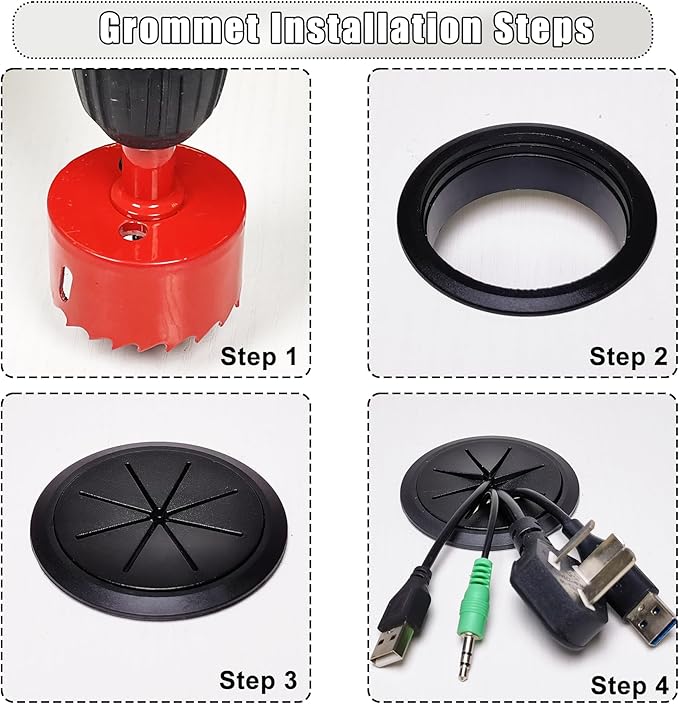 6PCS Desk Grommet,2-3/8""(60mm) Desk Hole Cover for Cables,Wire Hole Cover for Desk with Hole Saw,Office and Home Table,Desktop Equipment Wiring Management and Protection (Black)