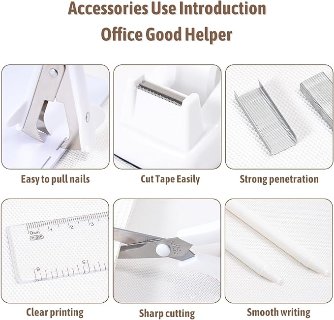 White Desk Accessories 12Pcs Set, Cute Office Supplies Decor for Women, 360° Rotating Pen Holder Organizer with Stapler, Tape Dispenser, Staple Remover, Staples, Tape, Clips Set, Ruler, Scissor, Pen