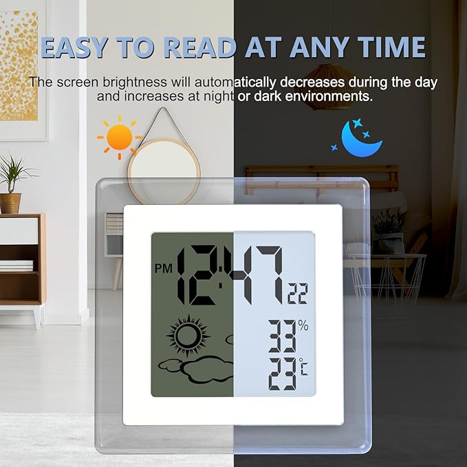 Small Clock Digital Battery Operated Alarm Clock with Auto Backlight, Indoor Temperature Humidity, 12/24H, Date, Travel Alarm Clock Desk Clock Small Clock for Shelf (Battery Included)