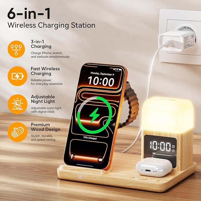 6 in 1 Wireless Charging Station with Clock & Night Light，Alarm Clocks for Bedrooms,Wireless Charger Stand with Beside Clock for iPhone 17/16/15/14/13/12 Pro Max, Apple Watch,Airpods (Wood)