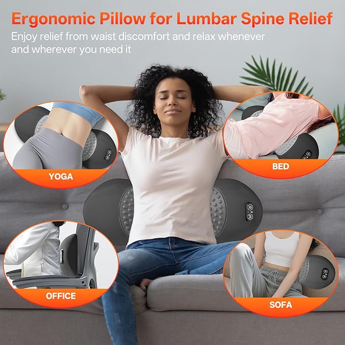 3-in-1 Electric Lumbar Support Pillow for Bed & Chair, Back Massager with Heated, Vibration and Traction, Triple Fusion Lower Back Support for Pain Relief and Relaxation - Dark Gray