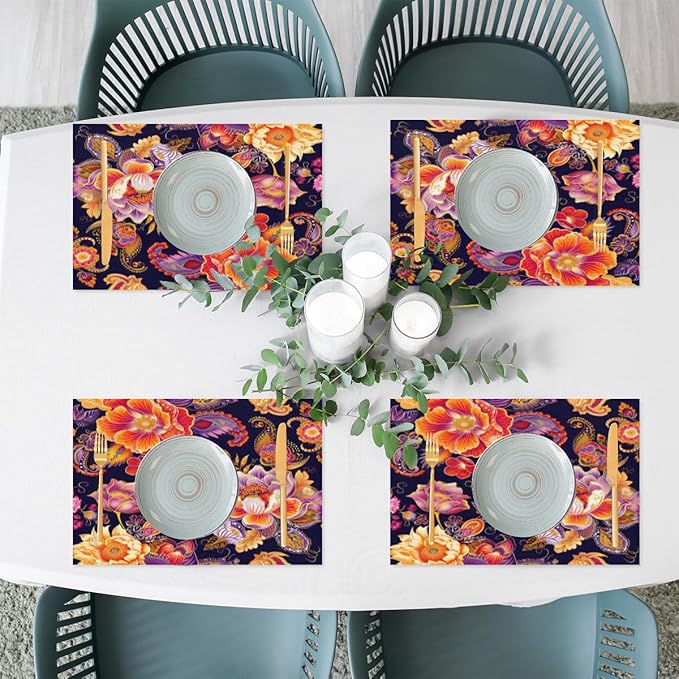 Placemats Set of 4 Heat-Resistant Rectangle Place Mats Ethnic Boho Flower Washable Plastic PVC Dining Table Mat Non-Slip Wipeable Woven Vinyl Placemat for Kitchen Patio Table Decor