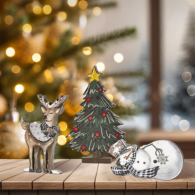 Smile 3 Pcs Wooden Blocks Christmas Signs, Reindeer Tree Snowman Tiered Tray Decorations, for Home Table Shelf.