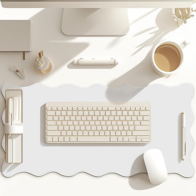 Hahafelt Scalloped Desk Mat Large Desk Pad Cute Coquette Table Mat Aesthetic Preppy Table Make up Pad Nonslip 2026 Graduation Gift with Stitching Waterproof Gaming(White,31.5 x 15.8 Inches)