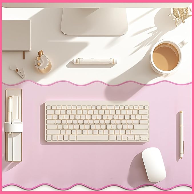 Hahafelt Scalloped Desk Mat Large Desk Pad Cute Coquette Table Mat Aesthetic Preppy Table Make up Pad Nonslip 2026 Graduation Gift with Stitching Waterproof Gaming(Pink,36 x 17 Inches)
