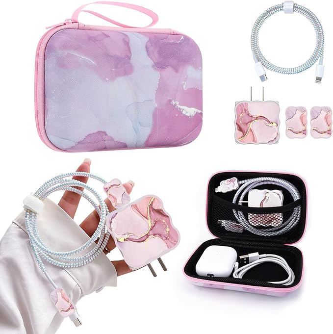CameCosy DIY Phone Charger Cover Storage Sets USB Earphone Wire Saver Cable Organizer with Travel Storage Bag, Soft Cute Cable Protector Cord Organizer Compatible for iPhone(Pink Marble)