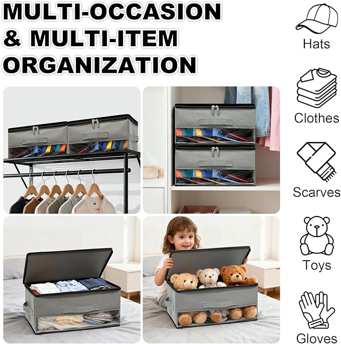 2 PCS Stackable Hat Storage for Baseball Caps, Space Saving Hat Organizer Box for Closet, with All Around Cardboard Support, Zipper Lid, Clear Window and 3 Handle, Each Holds 12 Hats, Grey