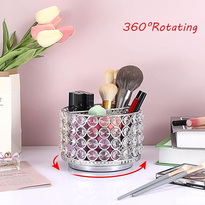 Hipiwe Crystal Vanity Organizer Makeup Brush Holder- 360 Rotating Cosmetic Brushes Display Organizers Spinning Remote Control Holder Bathroom Storage Organizer for Eyebrow Pen Pencil,Silver 4-Slot