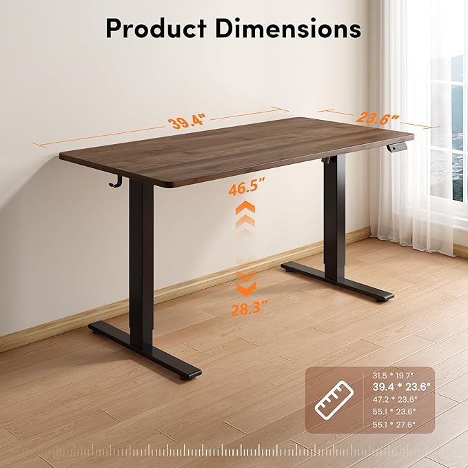 FEZIBO One-Piece Standing Desk, 40"x24" Seamless Tabletop Electric Height Adjustable for Home Office, Study Rooms & Multi-Device Workstations, Black Walnut
