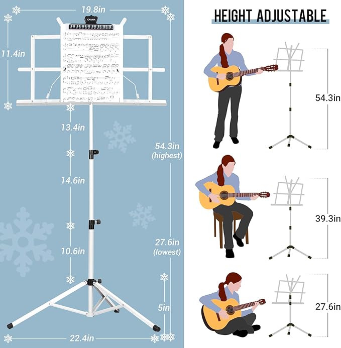 CAHAYA Portable Sheet Music Stand: Dual Use Desktop Book Holder Folding Lightweight Extra Stable Reinforced with Carrying Bag and Clip for Students Musicians Height Adjustable up to 54.3" CMS0204W