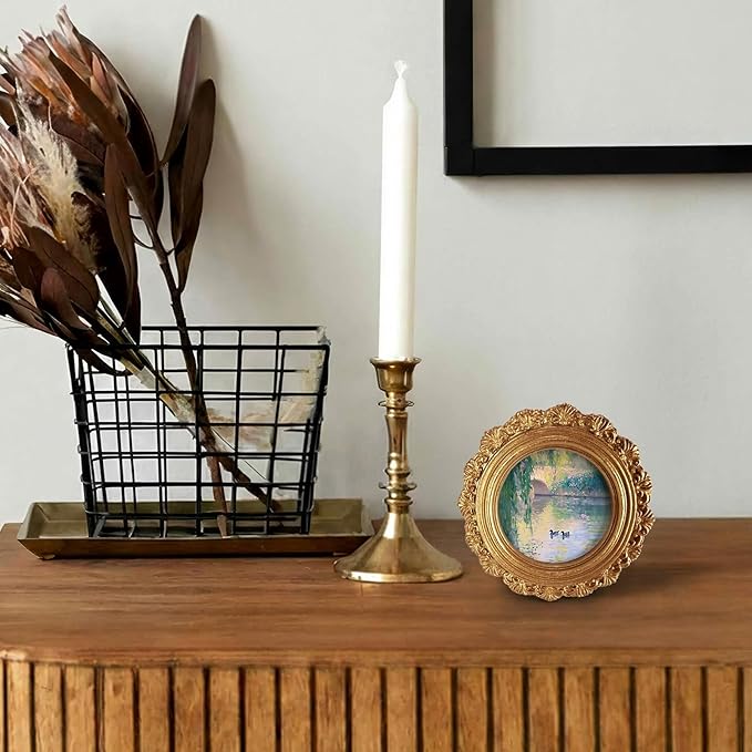 Monet Style Landscape Round Picture Frame Wall Decor,Impressionist Country Lake Duck Gold Mini Ornate Photo Frame for TableTop Desk 2.7in Photo,Vintage Framed Artwork for Walls Office Bedroom