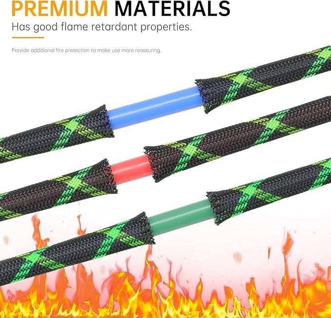 Braided Cable Sleeve, 33ft Expandable Wire Loom for Automotive Wiring Harness & PC Case, Pet-Proof Chew Resistant Cord Protector, Flexible Cable Management (Black-UV Green-UV Yellow, 16mm (5/8"))