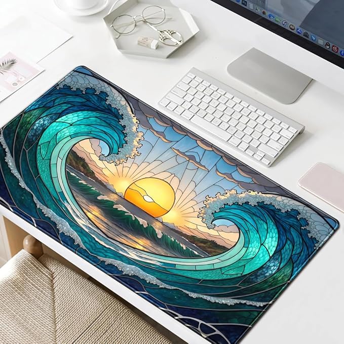 YKJWW Beach Sunset Desk Pad Cute Large Mouse Keyboard Desk Mat, Aesthetic Cute Gaming Desk Keyboard Mats for Desk Mat, Faux Stained Glass Sunset Mousepad Southwest Landscape Desk Pad 31.5x15.7 in