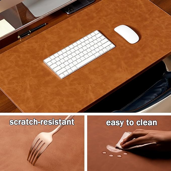 Leather Edge-Locked Desk Pad with Edge Protector, Non-Slip Large Office Computer Mouse Mat, Waterproof Desk Blotter Table Protective Pad for Writing Work (Light Green,23.6"x11.8")