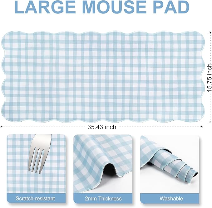 L-SPOUTTO Blue Checkered Mouse Pad,Cottagecore Scalloped Desk Mat XXL Large Cute Pastel Gaming Mousepad,35.4x15.7in Non-Slip Keyboard Pad Waterproof Desktop Mat for Laptop Computer Game Home Office