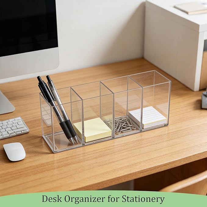 Clear 4-Compartment Organizer Box, 9.4" 3.6" 2.9" Multi-Purpose Desktop Caddy for Pens, Makeup Brushes, Office Supplies, Bathroom Countertop Storage