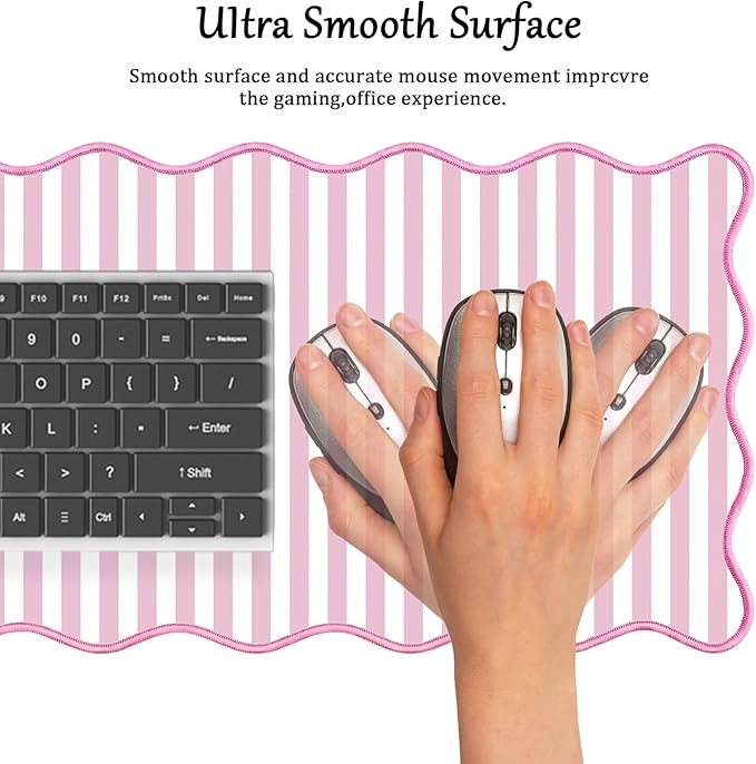 Scalloped Desk Mat Extended Large Cute Striped Mouse Pad Big Desk Pad XXL Aesthetic Stripe Mousepad Gaming Mouse Pad for Keyboard Computer Laptop Home Office Accessories 31.5X15.7Inches Pink White