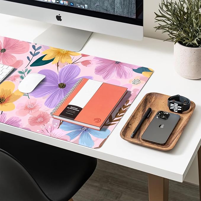 Desk Mat Large Mouse Pad, Non-Slip PU Leather Gaming Mousepad Keyboard Mouse Mats Desk Pads 31.5"x15.7" for Work Office Decor Gifts Pink Floral