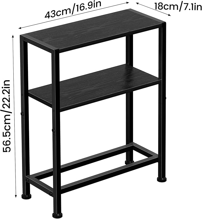 Narrow Side Table for Small Space, 2-Tier Small End Table with Shelf Holder, Slim Nightstand, Skinny Snack Couch Table in Living Room, Bedroom, Study, Kitchen and Balcony (Black)