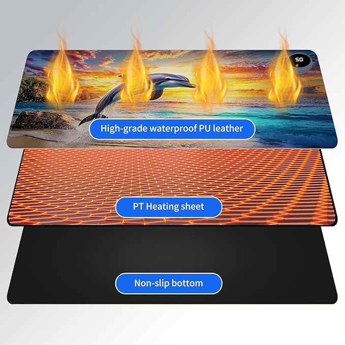 Heated Mouse Pad,Warm Desk Pad with 3 Levels Heating & 3 Hours Auto Shut-Off, PU Leather Heated Desk Pad Warmer Pad for Home Office - 23.6 x 14.2 inch,Jumping Dolphins