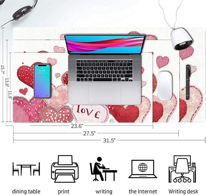 Valentine Desk Mat, Cute Love Heart Large Mouse Pad for Desktop, PU Leather Waterproof Desk Pad, Computer PC Laptop Protector Gaming Mouse Pads Valentine's Day Gifts for Her Him (31.5" x 15.7")