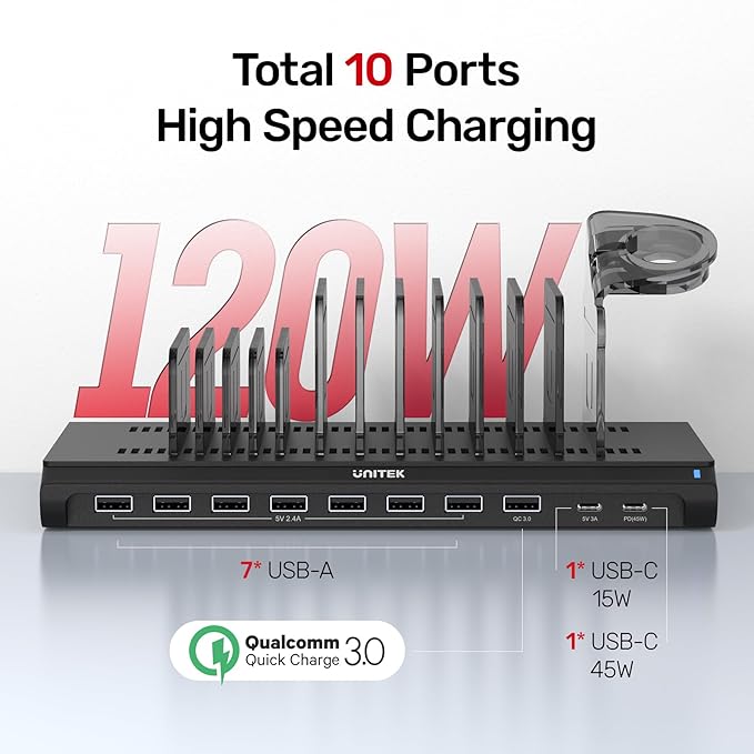 Unitek USB Charging Station 120W 10 Fast Port Multi Charge Docking Hub for Multiple Apple Devices with QC 3.0 PD 45W Port, Charger Organizer Compatible with iPad, iPhone, Tablet, iwatch,Cell Phone