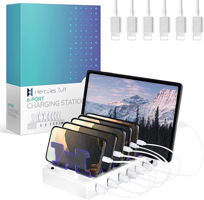 Charging Station for Multiple Devices – 6-Port USB Charging Dock for Apple & Android – Fast Multi-Charger Organizer for Phones, Tablets & More (White)