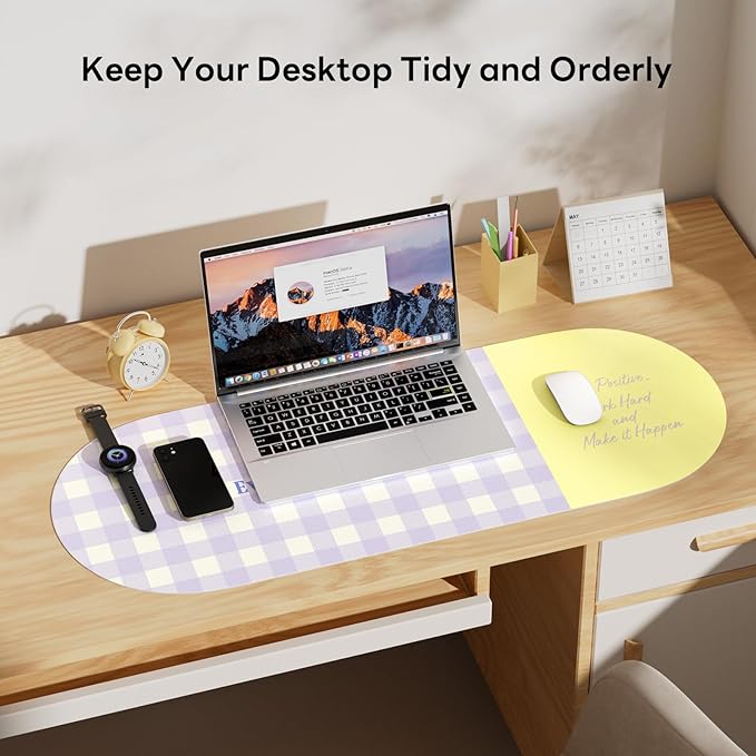 Checkered Pattern Desk Pad Protector, 35.5 x 13'' in Aesthetic Mouse Mat for Desktop, Waterproof PU Leathe Non-Slip Desk Writing Pad for Office and Home, Purple and Yellow