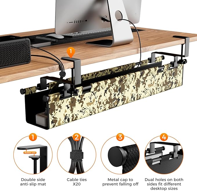 No-Drill Under Desk Cable Management Tray,Upgraded Wider(39"L x 5.9"W) & Double Layer Thickened Standing Desk Cable Organizer,2 Mounting Options-Clamp Or Screw Cord Holder for Home,Office