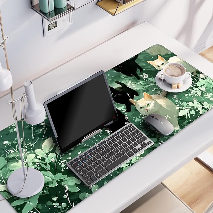 Cute Cat Mouse Pad Large Gaming Desk Mat - Kawaii Black and White Cats in Green Forest, Extended XL Mousepad with Non-Slip Rubber Base for Office, Home, PC, Laptop