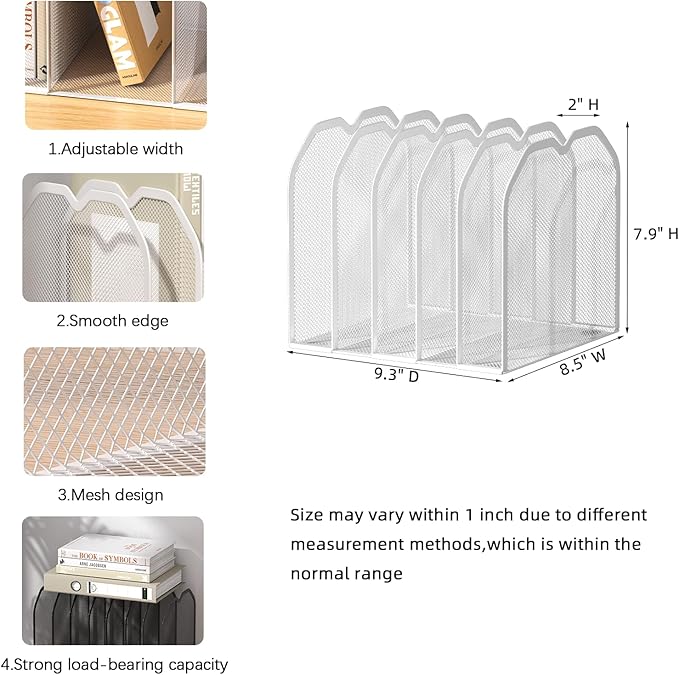 FANXIYQ White 5-Section File Folder Organizer for Desk – 8.5"×9.3" Metal Vertical File Holder, Desktop File Organizer Vertical Stand, Letter/A4 Upright File Sorter