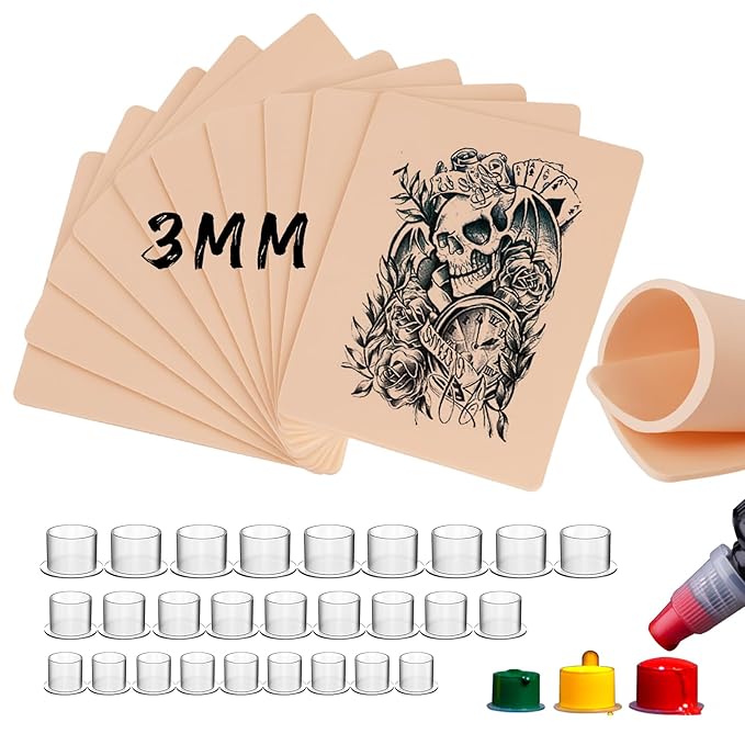 Fake Skin with Ink Caps Cups- Jconly 10Pcs 3MM Thick Tattoo Practice Skins with 300ps Mixed Tattoo Ink Cups Kit Tattoo Prcatice Supplies