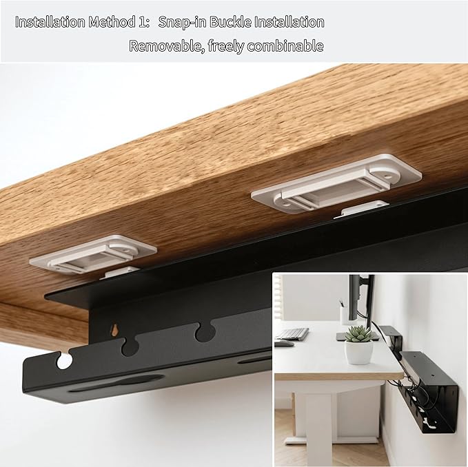 Ovanmexis Under Desk Cable Management Tray (2-Pack) with Quick-Release Mount - Snap-On Tool-Free, Includes Magnetic Cable Clips & Straps, No Drill Hidden Base for Home Office Standing Desk (White)