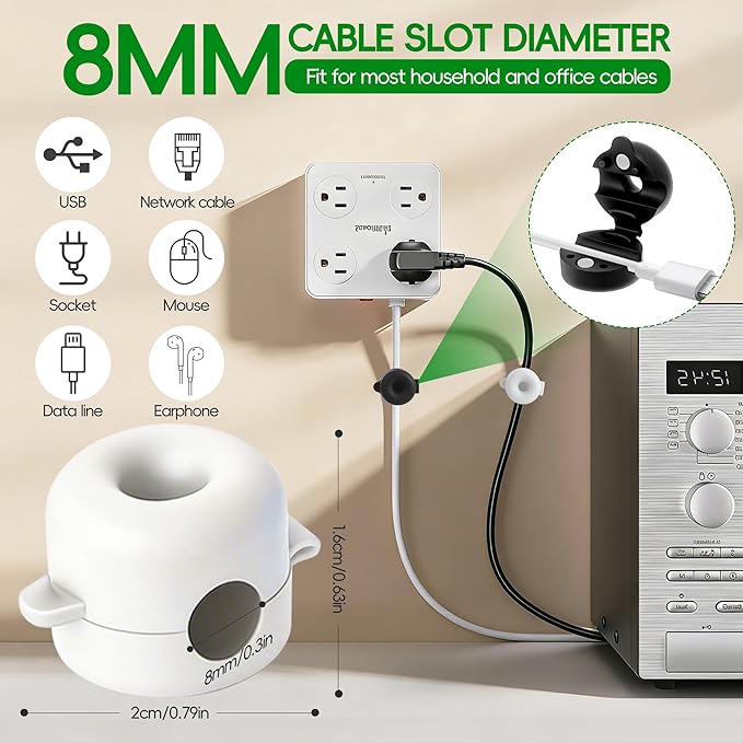 8-Pack Magnetic Cable Management Clips, Silicone Cord Organizer, Under Desk Adhesive Cable Staples, Stick-On Wire Holder Keeper for Home Office, Nightstand, Cable Clamps Organization (Black/White)