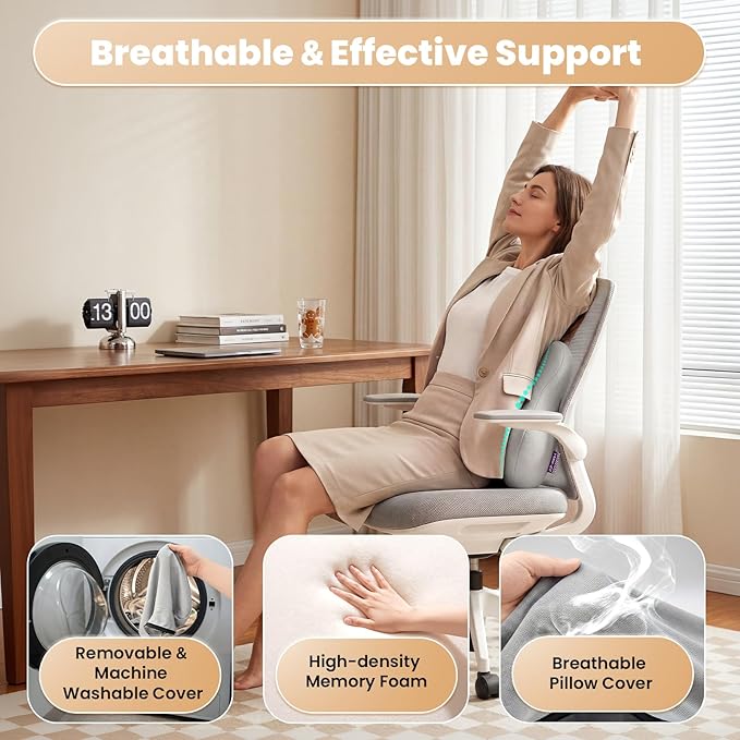 ZZ-WELL Lumbar Support Pillow - Back Support Pillow for Office Work Chair - Memory Foam Chair Back Cushion for Mid Lumbar Back Pain, Posture Improved - Adjustable Straps, Breathable Cover (Grey)