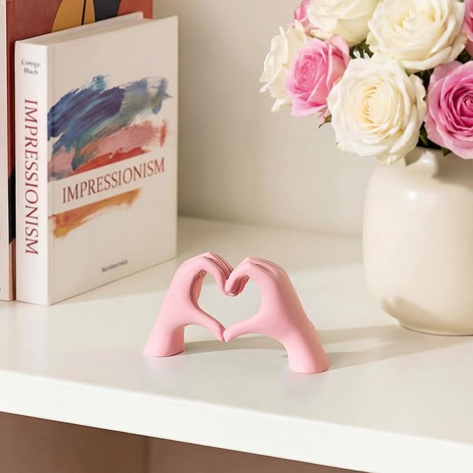 Pink Decor Living Room – Mini Small Heart Hands Sculpture – Shelf Decor Aesthetic – Cute Home Accent Table & Shelves – Love Statue - Gifts Girlfriend, Wife, Women, Teen Girls, Valentine (Pink, Mini)