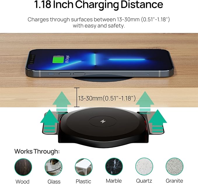 KPON Invisible Wireless Charger,30mm Under Desk Charger Mat, Furniture Table Nightstand Desktop Charging Station for iPhone17/16/15/14/13/12/Samsung/LG/Google Pixel Desk Essentials(with QC Adapter)