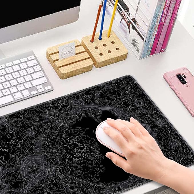 Moon Topographic Map Desk Mat Black Large Mouse Pad XL Extended Gaming Mousepad Keyboard Mouse Mat Desk Pad for Computer Laptop 31.5''X11.8'' Non-Slip Rubber Base with Stitched Edges