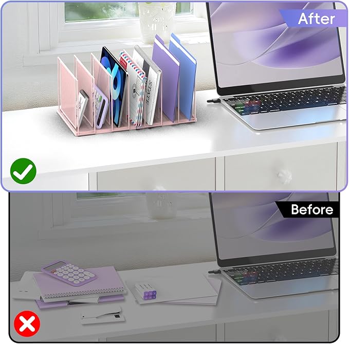 File Organizer for Desk, 7-Section Vertical File Sorter, Paper Holder Organizer Standing Metal File Folder for Office Home Classroom, Pink