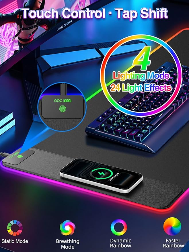 XXL RGB Gaming Mouse Pad with 15W Magnetic Wireless Charging, 31.5'' x 15.8'' Extra Large LED Mousepad, 24 Lighting Effects Desk Mat with Non-Slip Rubber Base, Waterproof Ultra-Smooth Surface