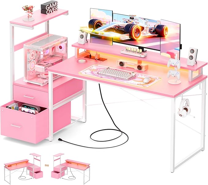 Aheaplus Gaming Desk with LED Strip & Power Outlet, 59Inch Reversible Computer Desk with Monitor Stand & Storage Shelves, Home Office Desks with Fabric File Drawer, Gamer Table PC Desk, Pink