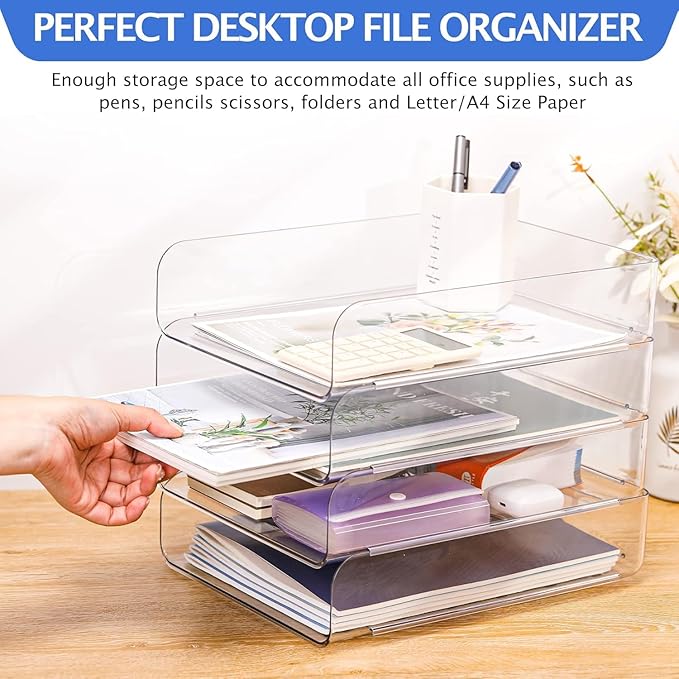 LALOBLUE Stackable Letter Tray Desk Organizer, Set of 4 Clear PET Paper & File Organizers, Document Storage for Office Supplies