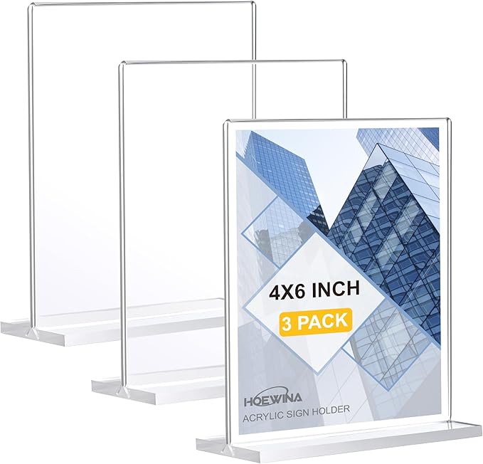 Acrylic Sign Stand 4 x 6 Inch 3 Pack - Clear Display Stands for Store & Vendor Booth - Vertical Double-Sided, Flyer & Plastic Paper Holder
