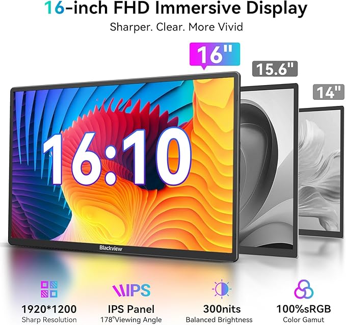 Blackview 16.1" Portable Monitor for Laptop, 1200P FHD Laptop Screen Extender, 360° Rotating Detachable Magnetic Stand, Plug & Play with HDMI/USB-A/Type-C, Extra Monitor for Windows/Mac/Linux/Android